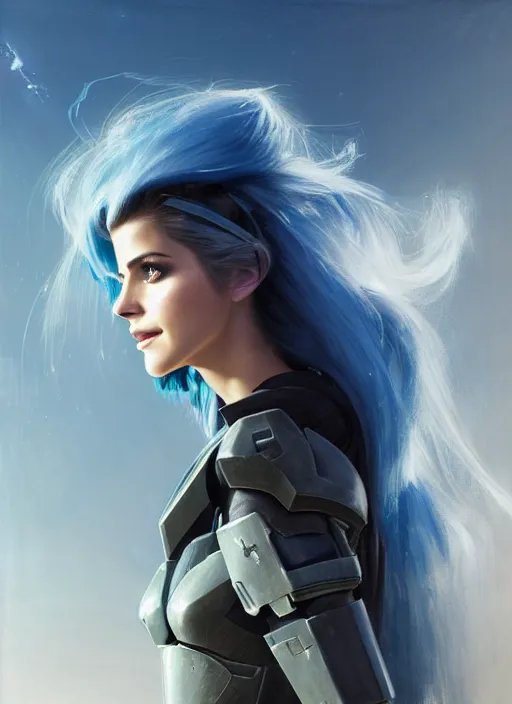 Image similar to portrait of a combination of Ashley Greene, Katheryn Winnick, Victoria Justice and Adriana Dxim, Grace Kelly, and Emma Watson with blue hair wearing Forerunner Armor from Halo, countryside, calm, fantasy character portrait, dynamic pose, above view, sunny day, thunder clouds in the sky, artwork by Jeremy Lipkin and Giuseppe Dangelico Pino and Michael Garmash and Rob Rey and Greg Manchess and Huang Guangjian, very coherent asymmetrical artwork, sharp edges, perfect face, simple form, 100mm