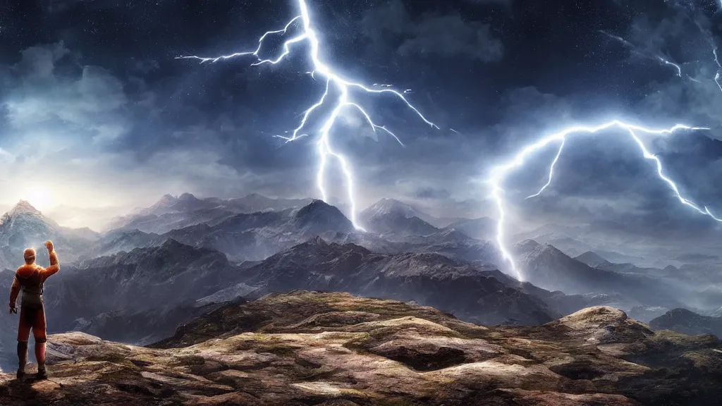 Image similar to someone standing at the peak of a mountain, big planet in the background, majestic, digital painting, cinematic lightning, highly detailed, trending on artstation