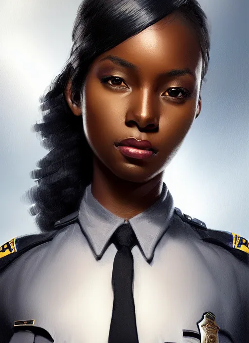 Image similar to full body portrait of young black woman as a police officer, police uniform, intricate, beautiful and elegant, highly detailed, digital painting, artstation, concept art, smooth, sharp focus, illustration, art by wlop, mars ravelo and greg rutkowski