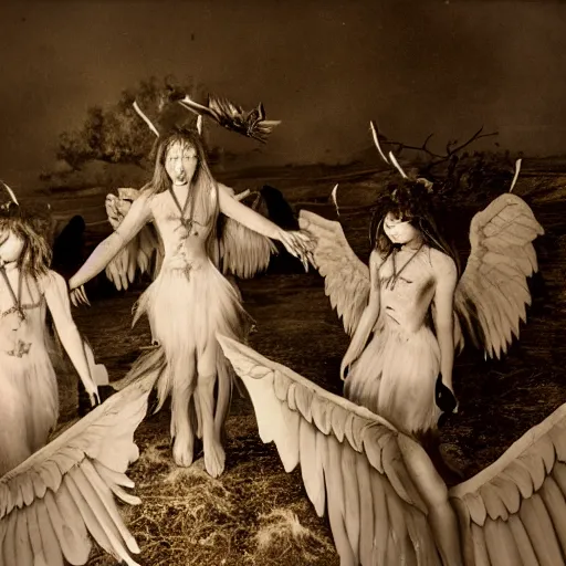 Image similar to angelgirls with deteriorating wings perform an occult ritual, overexposed photograph, stressed burnt out, occultism