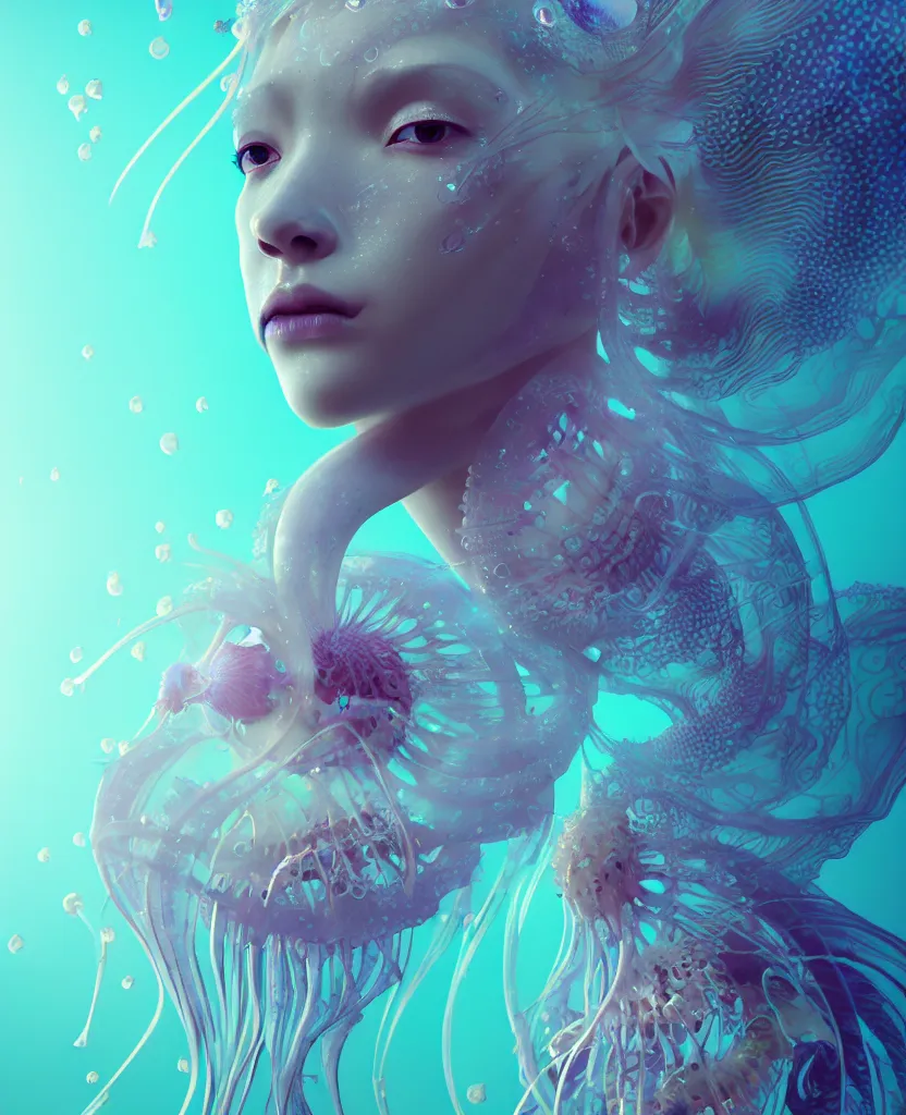 Image similar to goddess close-up portrait. orchid jellyfish phoenix head, nautilus, skull, betta fish, bioluminiscent creatures, intricate artwork by Tooth Wu and wlop and beeple. octane render, trending on artstation, greg rutkowski very coherent symmetrical artwork. cinematic, hyper realism, high detail, octane render, 8k