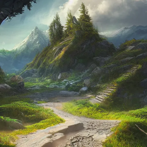 Prompt: crossroad leading into distant mountain, lush fantasy landscape, artstation, photorealistic