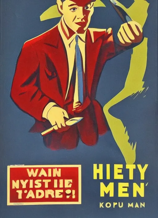 Image similar to mystery man with knife 1940s propaganda poster, full hd,highly detailed