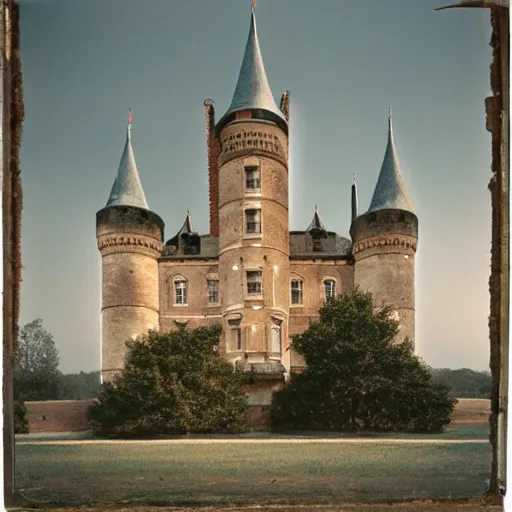 Prompt: an award winning photo by william christenberry of a majestic, highly detailed beautiful very tall castle in the middle of an empty city, light rays, rayleigh scattering