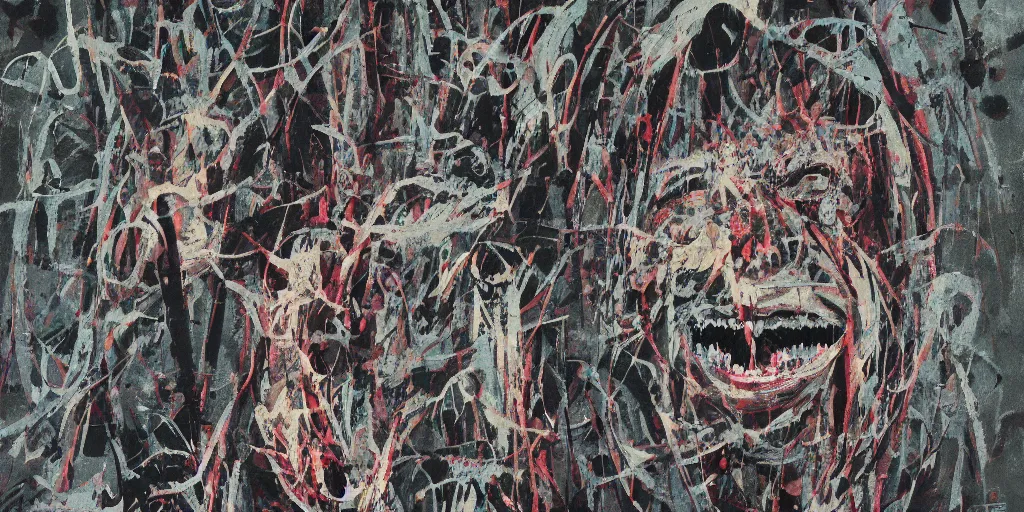 Image similar to camo made of teeth, smiling, abstract, francis bacon artwork, tribal, neon, cryptic, dots, stipple, lines, splotch, color tearing, pitch bending, faceless people, dark, ominous, eerie, minimal, points, technical, old painting