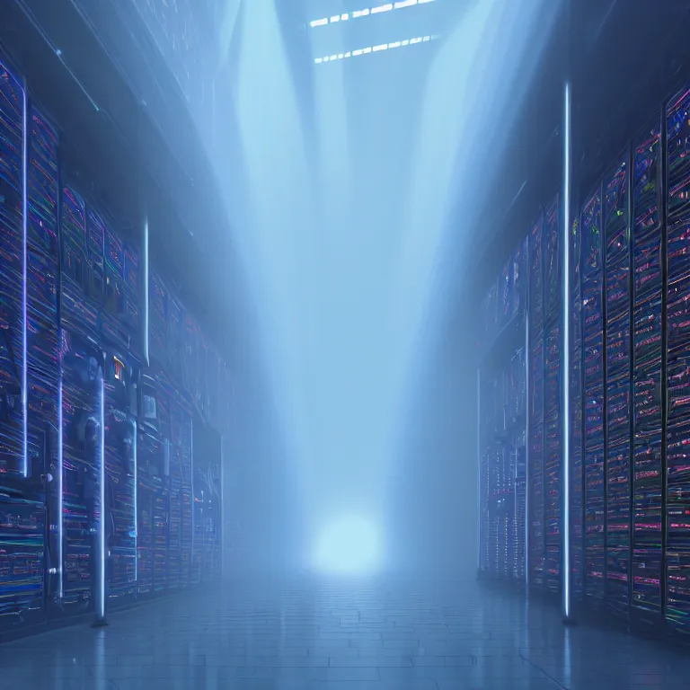 Image similar to an immaculate volumetric path tracing lighting render of a large rack of beautiful iridescent device at che center of a in a vast modern datacenter, fog, god rays, and nixie tubes by Zdzisław Beksiński and beeple, beautiful modern colors, ultradetailed, 4k ultra