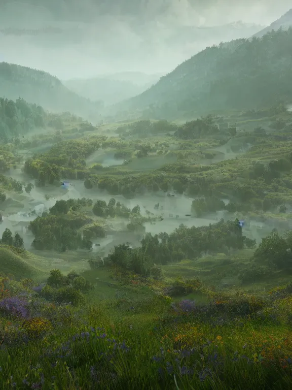 Image similar to photo of 8k ultra realistic beautiful valley, small town, hills, pylons, heavy rain, full of colour, cinematic lighting, battered, trending on artstation, 4k, hyperrealistic, focused, extreme details,unreal engine 5, cinematic, masterpiece, art by studio ghibli