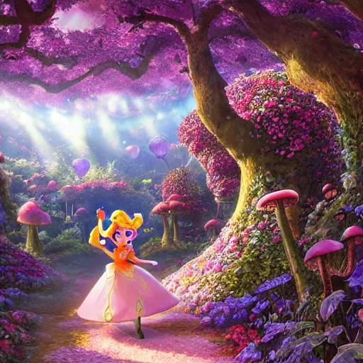 Prompt: A beautiful hyper detailed matte painting of a portrait of princess peach, running through a hedge garden of exotic flowers in the Mushroom Kingdom, giant mushrooms, and roses, from behind, streets, birds in the sky, sunlight and rays of light shining through trees, art by Ted Nasmith and Peter Mohrbacher, 4k unreal engine