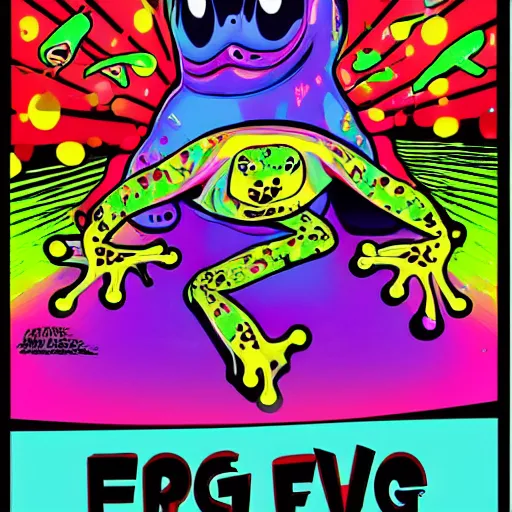 Prompt: frog rave poster, large bullfrog DJ, lots of frogs dancing on drugs, psychedelic, bright lights, loud music, intense club, cartoon, no text