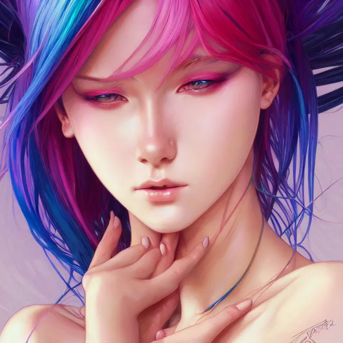 Image similar to portrait of beautiful symmetrical anime girl, rainbow hair, attractive, casual, modern, victoria's secret, highly detailed, digital painting, artstation, concept art, smooth, sharp focus, illustration, art by moebius artgerm, greg rutkowski and alphonse mucha, 8 k,