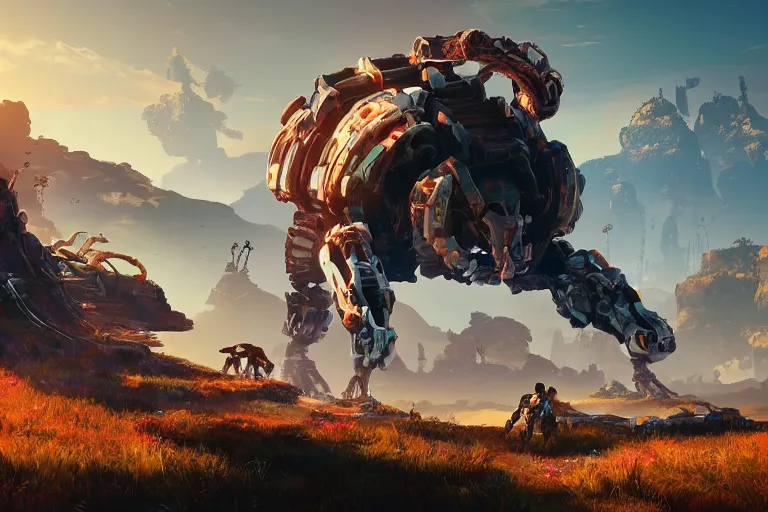 Image similar to shell - walker machine mecanical creature robot of horizon forbidden west horizon zero dawn radiating a glowing aura global illumination ray tracing hdr fanart arstation by ian pesty and alena aenami artworks in 4 k