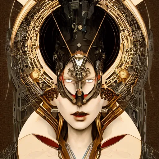 Image similar to a cyborg empress with mask, art nouveau ivory accessories, cyberpunk, darksynth, luxury, concept art by jama jurabaev, extremely detailed, ominous, ethereal, artstation, andree wallin, edvige faini, balaskas, alphonse mucha, symmetry