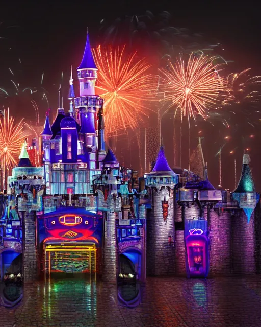 Image similar to Hyper realistic photo of a cyberpunk Disneyland castle at night, fireworks in the sky