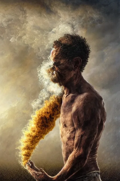 Prompt: Intricate stunning highly detailed portrait of a rugby player by agostino arrivabene and Vladimir Kush, surreal, digital painting, ultra realistic, Horror vacui, dramatic lighting, full moon, thick black swirling smoke tornado, burning fire embers, artstation