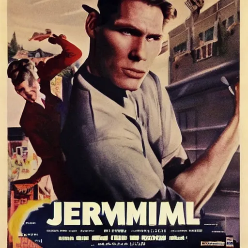 Image similar to Live Action Still of Jerma985 in a film in 1950s art style on a poster, realistic, highly detailed, epic, HD quality, 8k resolution, body and headshot, film still