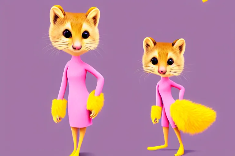 Prompt: detailed flat 2 d : female marten character : wearing jewelry : wearing a pink dress : wearing yellow hat : head torso legs feet : lorax movie : artstation