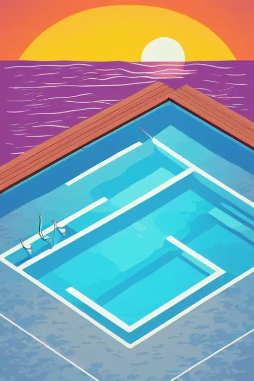 Prompt: minimalist boho style art of colorful swimming pool at sunset, illustration, vector art