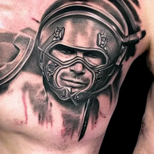 Prompt: A male gladiator wearing a thracian helmet action shot, tattoo, tattoo art, Black and grey tattoo style