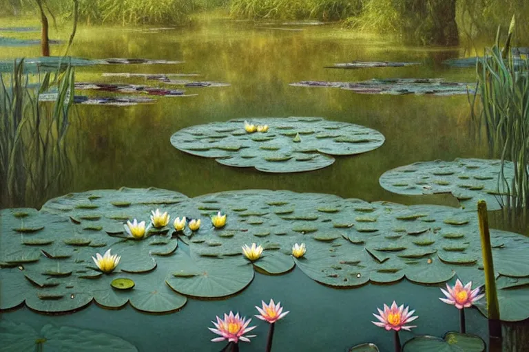 Image similar to pale teal rain beside pond with waterlilies, fantasy, intricate, elegant, dramatic lighting, emotionally evoking symbolic metaphor, highly detailed, lifelike, photorealistic, digital painting, artstation, concept art, smooth, sharp focus, illustration, art by John Collier and Albert Aublet and Krenz Cushart and Artem Demura and Alphonse Mucha