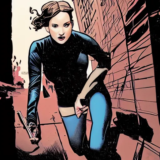 Image similar to in the style of Rafael Albuquerque comic art, Jennifer Lawrence hunting a spy.