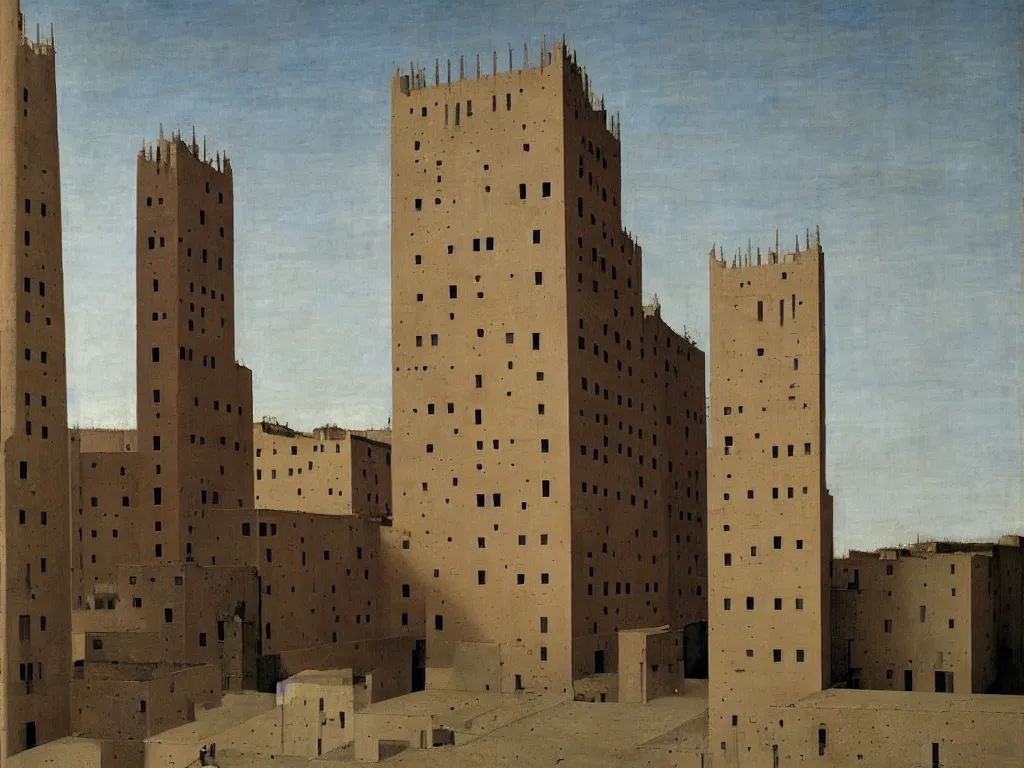 Image similar to The Toghrol Tower. Painting by Hammershoi, Piero della Francesca, Morandi