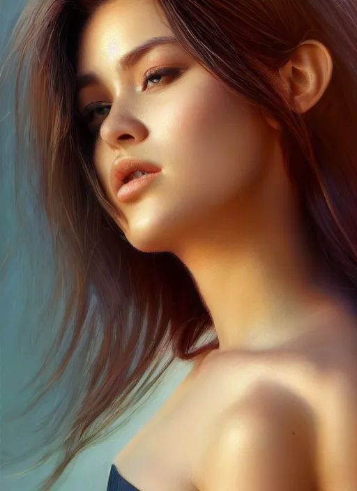 Image similar to high angle photo of a gorgeous young woman in the style of stefan kostic, realistic, 1 / 2 body crop, 8 5 mm art lens, f 1. 2, sharp focus, 8 k high definition, insanely detailed, intricate, elegant, art by stanley lau and artgerm