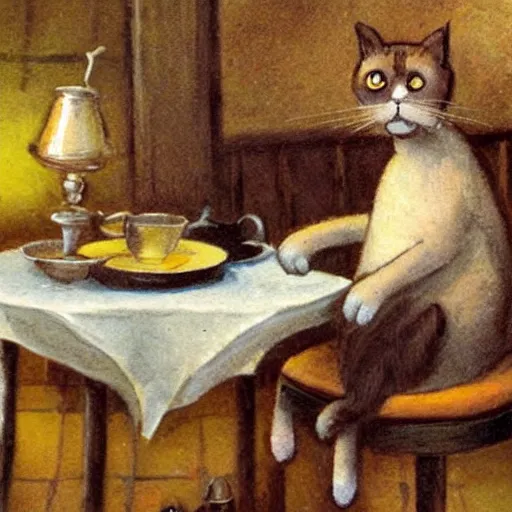 Prompt: brown cat with yellow eyes is sitting at table in a cafe at paris in early 2 0 th century. it is licking milk from little saucer, atmospheric feeling, warm colours, brown colours, yellow colours, epic scene, cinematic, very detailed