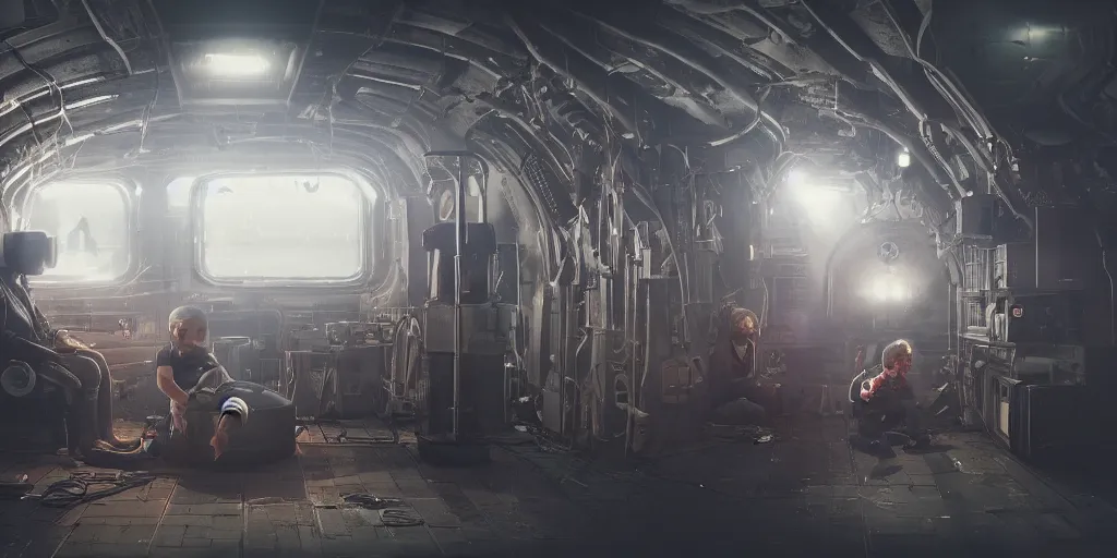 Image similar to photograph of a cyberpunk submarine interior set with a child standing over two dead adults. cinematic lighting, color contrast, arri alexa, anamorphic bokeh, professional lighting, 4 k, photographed by erik johansson, graded with davinci resolve