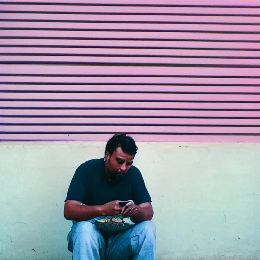 Prompt: a photo of a man sitting outside a crowded restaurant, he is staring at a computer screen, pastel background colours and square lighting structures in the background. 2 0 0 mm, bokeh, kodak ektar 1 0 0, portrait photography,