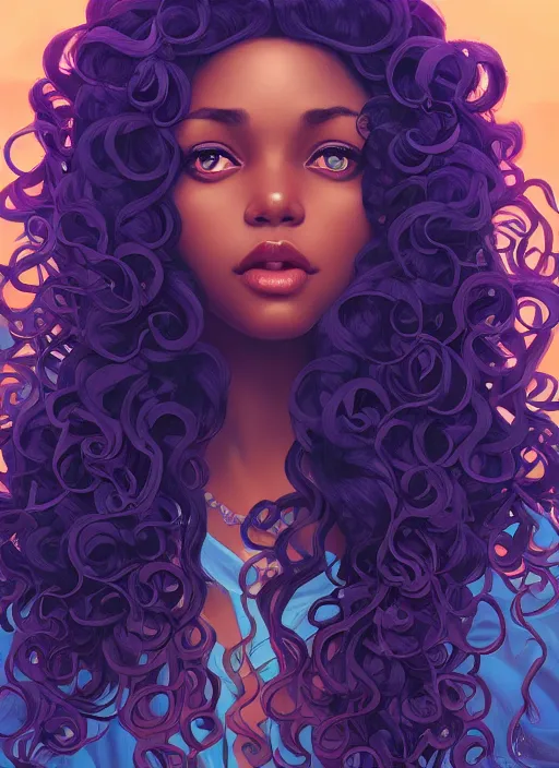 Image similar to beautiful black girl with long curly hair, blue eyes, cute, intricate, highly detailed, digital painting, trending on artstation, concept art, smooth, sharp focus, backlit, rim light, vivid colors, illustration, unreal engine 5, 8 k, art by rossdraws and alphonse mucha