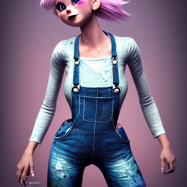 Image similar to full body pose, beautiful adult fairy, pixar, short white hair shaved sides, dirty, grungy, grunge, long sleeve, painted overalls, stacks of giant books, highly detailed, 4 k, hdr, smooth, sharp focus, high resolution, award - winning photo, artgerm, photorealistic