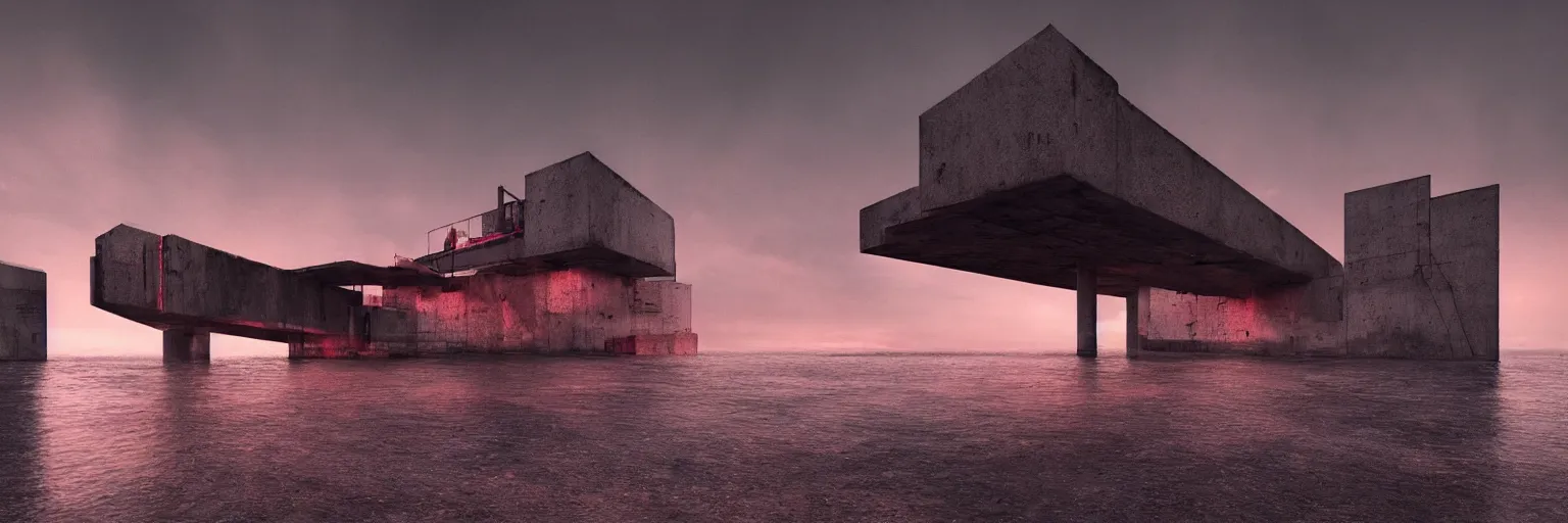 Prompt: seaside brutalist structure bathed in crimson light, night, dark, by Cédric Peyravernay