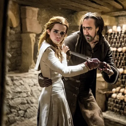 Image similar to photography emma watson fight with nicholas cage in a medieval wine cellar cinematic