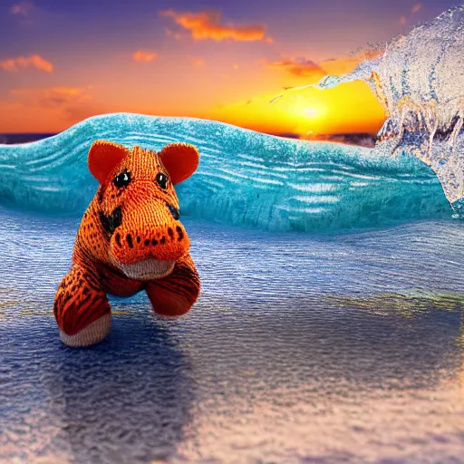 Image similar to a closeup photorealistic photograph of a cute smiling knitted tiger hippopotamus riding a wave at sunset. surf in background. professional capture. brightly lit scene. this 4 k hd image is trending on artstation, featured on behance, well - rendered, extra crisp, features intricate detail, epic composition and the style of unreal engine.