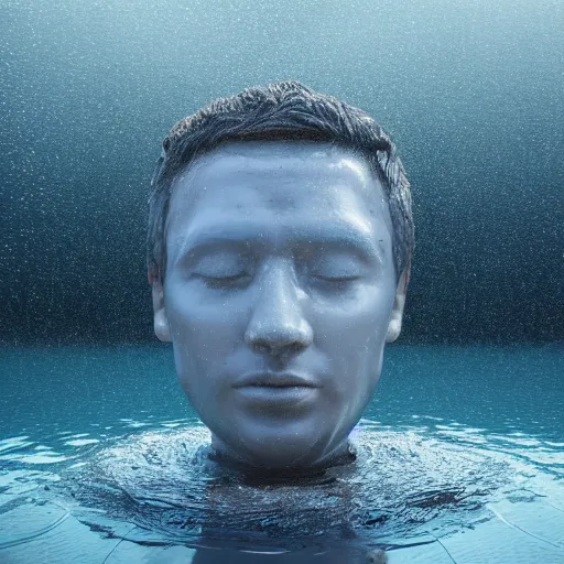 Image similar to a giant water sculpture of a human head, on the ocean water, cinematic, in the style of johnson tsang, long shot, hyper detailed, hyper realistic, ray tracing, 8 k resolution, sharp focus, realistic water, award winning