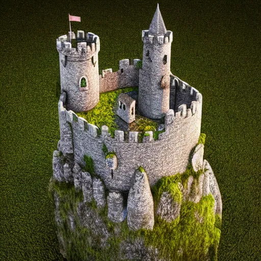 Prompt: minature castle on a rock, mossy, octane render, 4 k, macro photography, detailed medieval castle