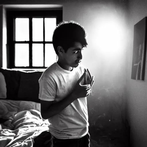 Image similar to masterpiece portrait portrait of a determined photogenic cinegenic mexican teenager facing camera, chaotic teenage bedroom, bokeh, volumetric lighting, sunny day, heat haze, low-contrast, heteroclitous stuff, perfect framing, smoke, dramatic lighting, dust particles, interior shot, f2, anamorphic lens, splendid colors, great photographers, best photos of all times, 2004, by Annie Leibovitz, by Steve McCurry, very very very very beautiful