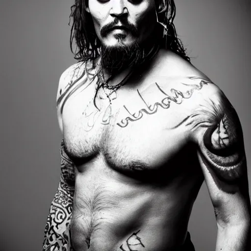 Image similar to portrait of johnny depp as khal drogo from games of thrones, mascular, broad shoulder, tattooed body, six packs, symmetrical, nikon 3 5 mm photography, ultrarealistic