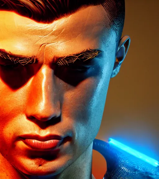 Image similar to glowwave portrait of cristiano ronaldo from borderlands 3, au naturel, hyper detailed, digital art, trending in artstation, cinematic lighting, studio quality, smooth render, unreal engine 5 rendered, octane rendered, art style by klimt and nixeu and ian sprigger and wlop and krenz cushart.