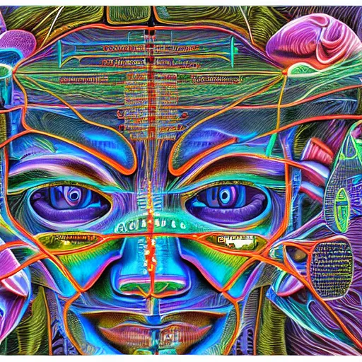 Image similar to the anatomy of a human/computer system by Alex Grey, highly detailed, aesthetic, 8K