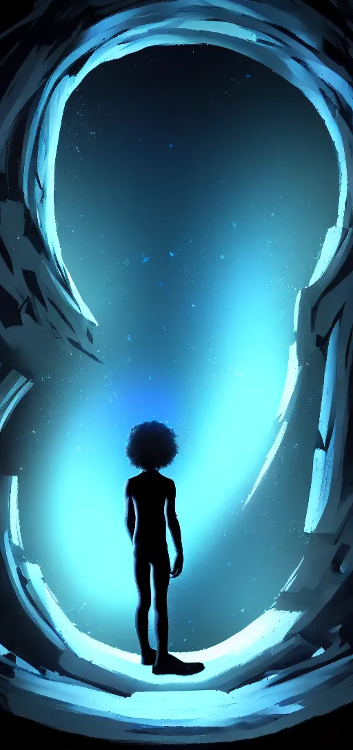 Image similar to The portal into his imagination. High concept art. Introspective. Blue black gold themed.