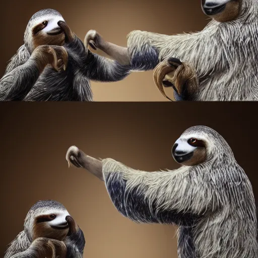 Prompt: sloth fighting a pigeon kung fu style s in a dojo, facing each other, aggressive sloth vs a muscled pigeon, best photo award, high quality 8 k, cinematic lighting, painting by kusama