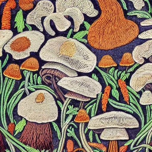 Prompt: a close up view of a wall with mushrooms on it, a detailed painting by master of the embroidered foliage, featured on behance, arts and crafts movement, intricate, ornate, made of flowers