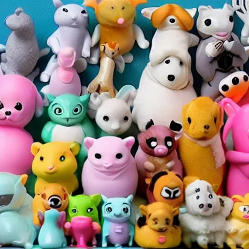 Image similar to some cute plastic toys that look like animal characters that are dressed as other animals, pastel colors