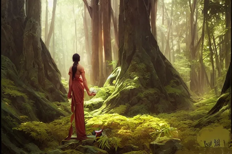 Image similar to forest, temple, taoism, painting by greg rutkowski, j. c. leyendecker, artgerm