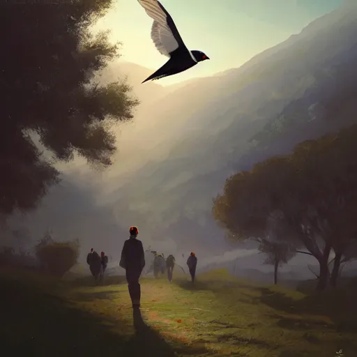 Image similar to spanish swallow birds flying in avila, golondrinas, green fields, dawn, summer season, 4 k, midday light, concept art, by wlop, ilya kuvshinov, artgerm, krenz cushart, greg rutkowski, pixiv. cinematic dramatic atmosphere, sharp focus, volumetric lighting, cinematic lighting, studio quality