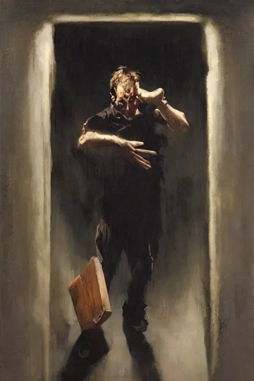 Prompt: Phil Hale artwork, A man with a wooden box under his arm stands inside a dark tunnel, looking up with an expression of horror