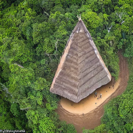 Prompt: aerial hd photographs of an uncontacted tribe from the amazon with tribe members looking up around a giant magical pyramid