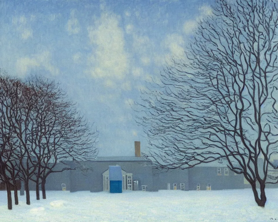 Prompt: achingly beautiful painting of a sophisticated, well - decorated pool house in winter by rene magritte, monet, and turner.