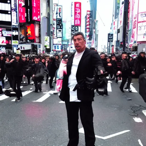 Image similar to Till Lindemann on Shibuya Scramble Crossing, Sakura is blowing, high quality photo